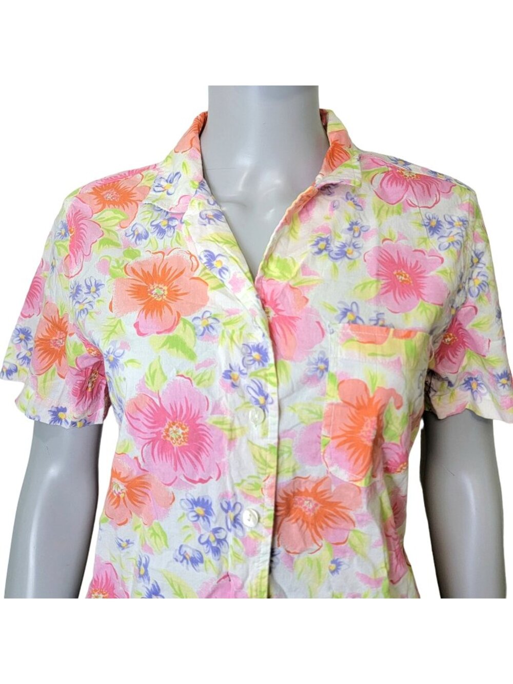 Vintage 90s Floral Shirt Women Medium Colorful Button Collar Short Sleeve Blouse